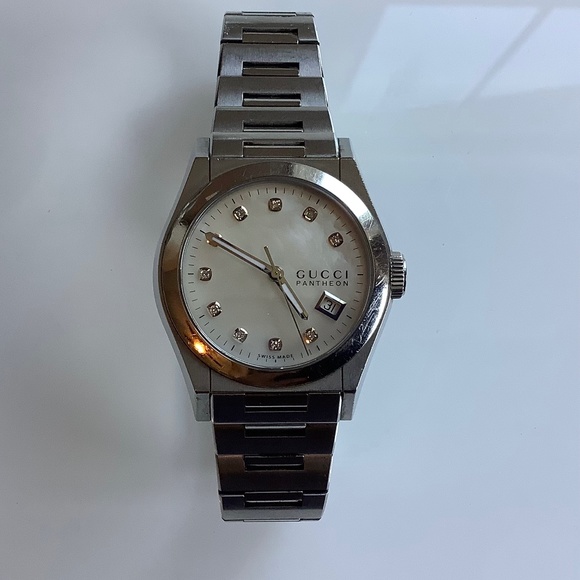 Gucci Jewelry - Gucci Pantheon Diamond index hour markers,  mother of Pearl dial watch.